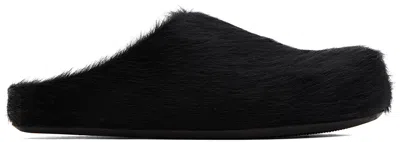 Marni Black Long Hair Calfskin Fussbett Sabot Loafers In 00n99 Black