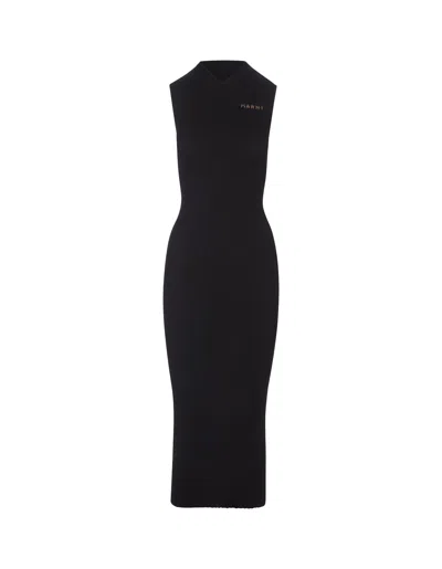 Marni Black Long Sleeveless Ribbed Knit Dress In 00n99 Black