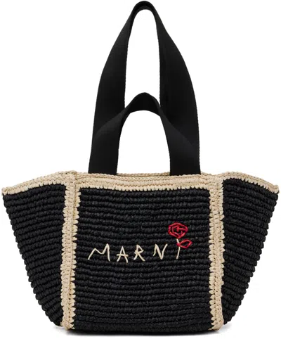 Marni Black Macramé Sillo Small Tote In Zo762 Black/ivory/bl