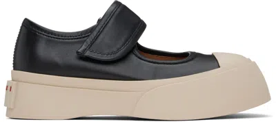 Marni Sneakers In Black Leather. Adjustable Leather Strap On Top. Off-white Rubber Platform So