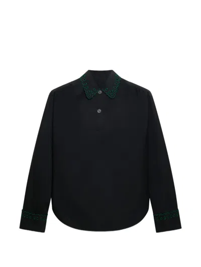 Marni Black Poplin Half-button Shirt With Broderie Anglaise