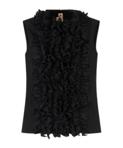 Marni Black Poplin Ruffle-front Top
