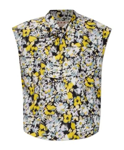 Marni Black Poplin Sleeveless Blouse With Pop Flowers Print In Multi