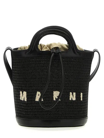 Marni Black Raffia And Leather Tropicalia Mini Bucket Bag