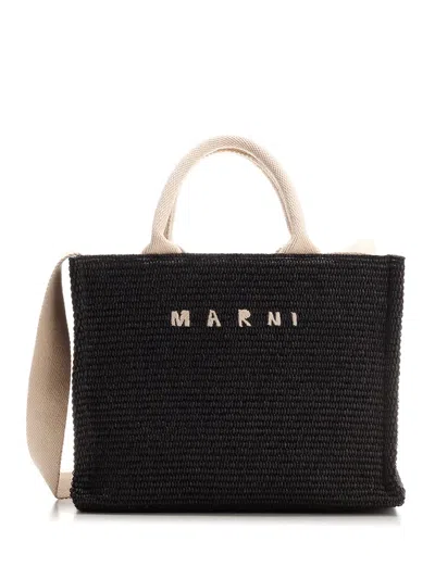 Marni Black Cotton Calf Leather Blend Small Tropicalia Tote Bag In Nero
