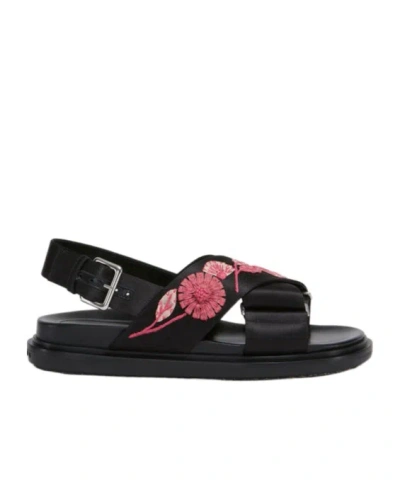 Marni Black Satin Fussbett With Flower Appliqués