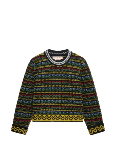 Marni Black Shetland Wool Sweater With Fair Isle Pattern In Multi