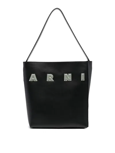 Marni Black Smooth Grain Logo Zip Bag