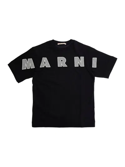 MARNI BLACK T-SHIRT WITH FRONT LOGO LETTERING IN COTTON BOY