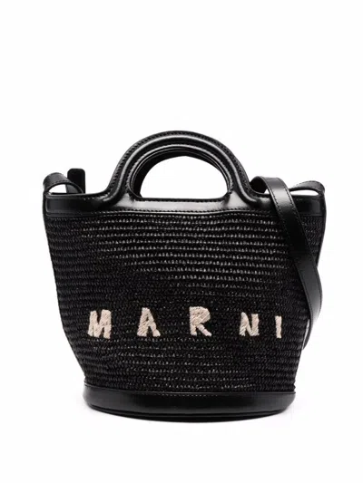 Marni Black Tropicalia Small Bag In Leather And Raffia