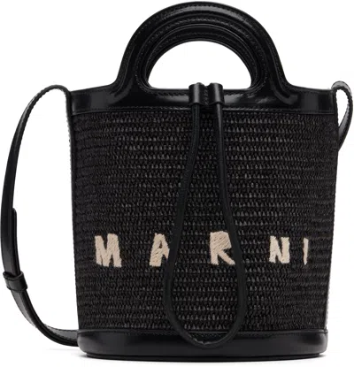Marni Black Leather And Raffia Tropicalia Bucket Bag