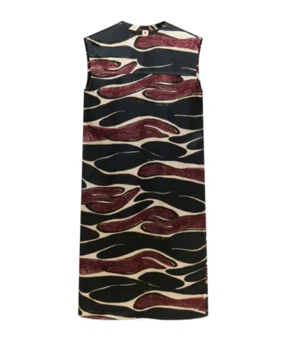 Marni Black Viscose Dress With Crimson Flow Print In Multi