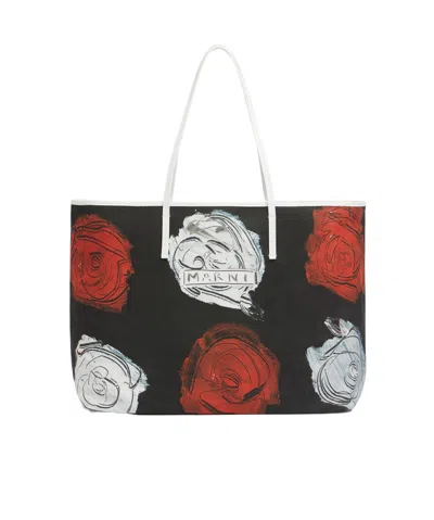 Marni Black White And Red Reversible Janus Shopping Bag With Mercury Print In Green