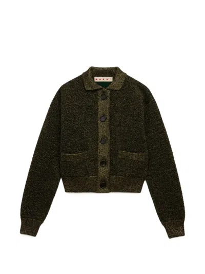 Marni Black Wool Cardigan With Lurex Detailing In Green