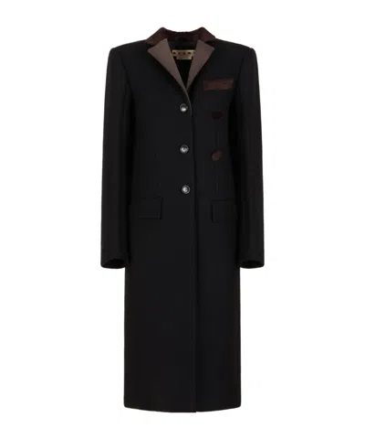 Marni Black Wool Felt Coat With Leather Details
