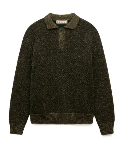 Marni Black Wool Polo Sweater With Lurex Detailing In Green