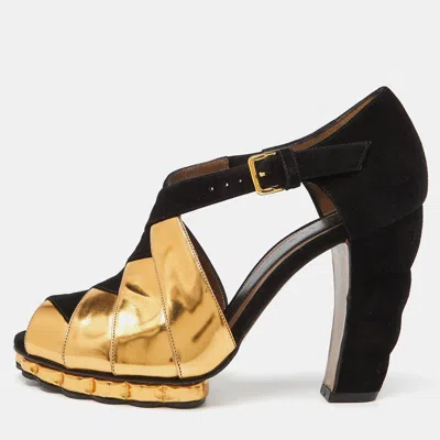 Marni Black/gold Suede And Leather Peep Toe Platform Sandals