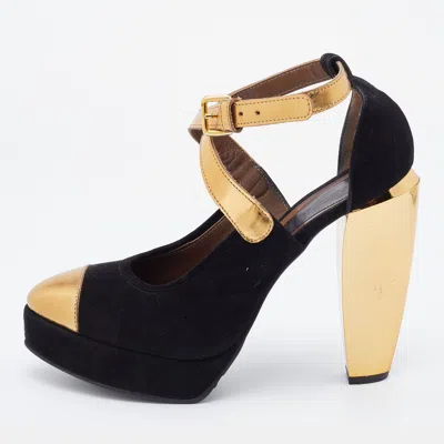 Marni Black/gold Suede And Leather Platforms Ankle Strap Pumps In Multi