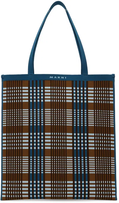 Marni Blue & Brown Flat Tote In Gold