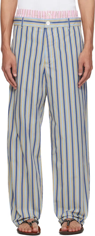 Marni Blue & Yellow Striped Poplin Trompe L'oeil Effect Trousers In Gray