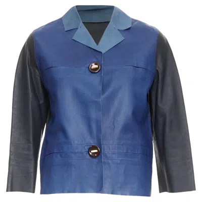 Marni Blue Black Colorblocked Calf Leather Geometric Buttons Crop Jacket It40 S
