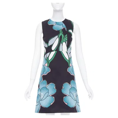 Pre-owned Marni Blue Black Cotton Linen Large Flower Print Shift Dress It38 Xs