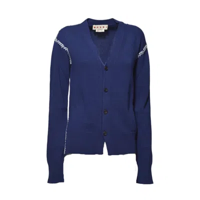 Marni Blue Cashmere And Wool Cardigan With Embroidery