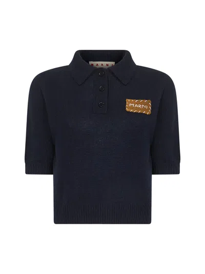 MARNI BLUE CASHMERE KNIT POLO SHIRT