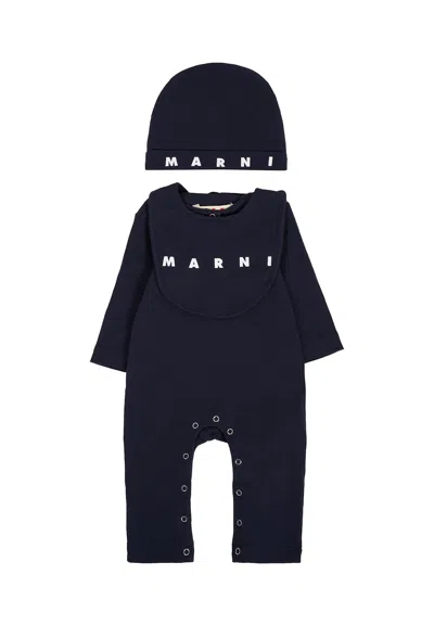 Marni Blue Cotton Babygrow Set For Baby Boywith Logo