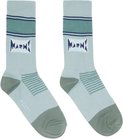 Marni Blue Cotton Jacquard Logo Socks In Green