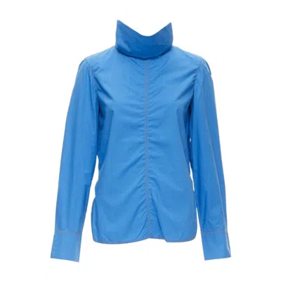 Pre-owned Marni Blue Cotton Overstitch Funnel Neck Long Sleeve Curved Hem Shirt It38 Xs