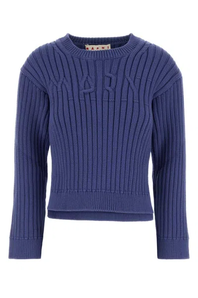 MARNI BLUE CREWNECK LOGO SWEATER