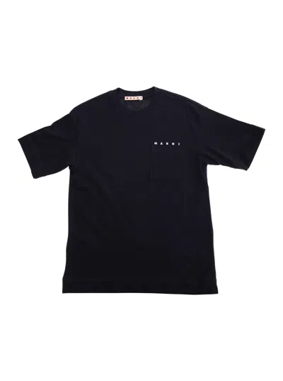 Marni Kids' Blue Crewneck T-shirt With Logo Lettering On The Front In Cotton Boy