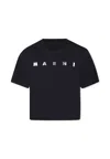Marni Blue Crop T-shirt For Girl With Metallic Silver Logo In Blue