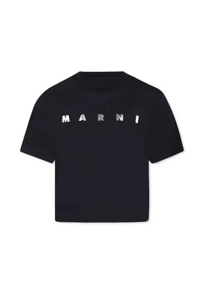Marni Kids' Blue Crop T-shirt For Girl With Metallic Silver Logo