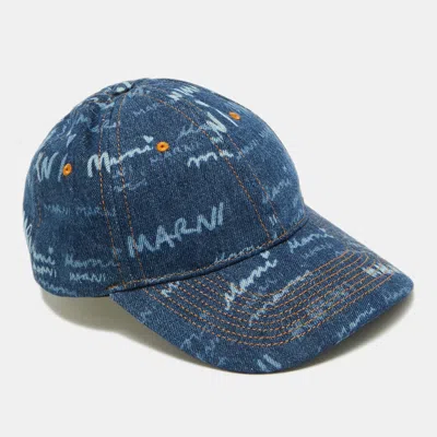 Pre-owned Marni Blue Denim All-over Logo Print Mega Baseball Cap S