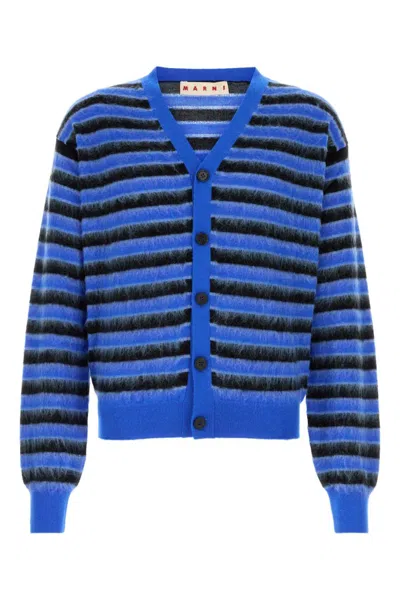 MARNI BLUE EMBROIDERED WOOL CARDIGAN