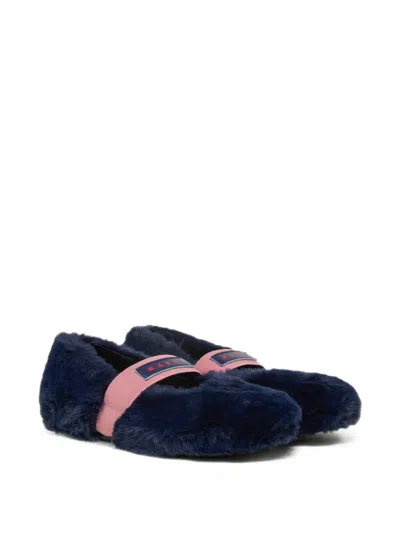 Marni Kids' Blue Faux Fur Ballerinas With Logo Elastic Strap