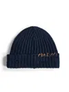 Marni Blue Knit Hand-stitched Logo Beanie In Black