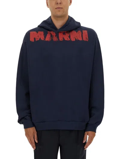 Marni Classic Sweatshirt With Hood And Bold Logo In Blue