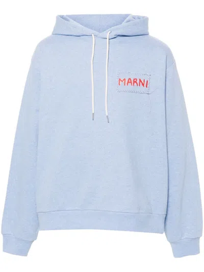 Marni Logo-patch Cotton Hoodie In Blue