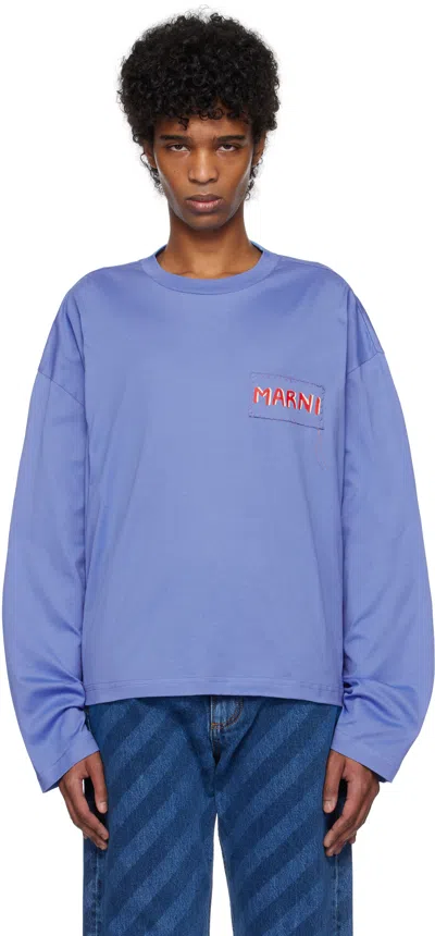 Marni Blue Logo Patch Long Sleeve T-shirt In 00b26 Blue Lilac