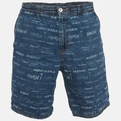 Pre-owned Marni Blue Logo Print Denim Drawstring Shorts M