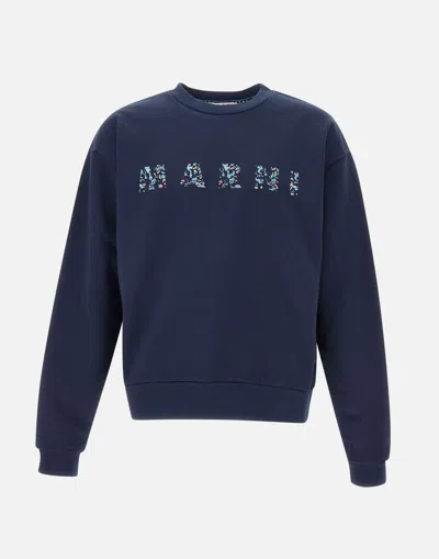 Marni Blue Organic Cotton Sweatshirt With Floral Logo