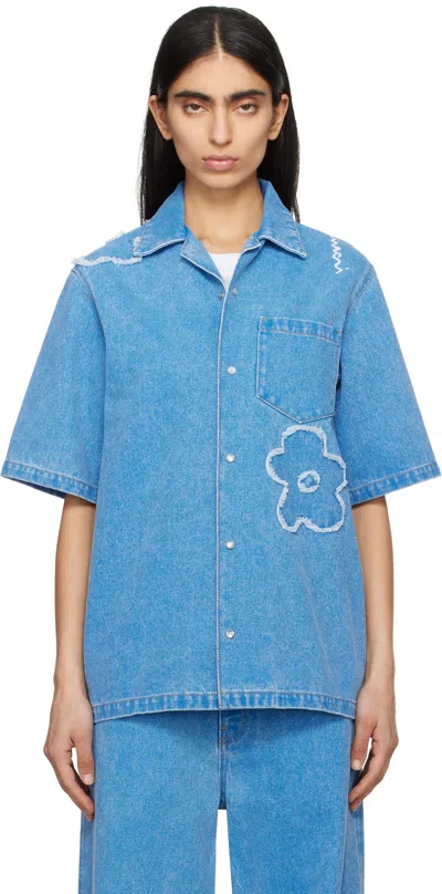 MARNI BLUE PATCHED WASHED COTTON DENIM SHIRT