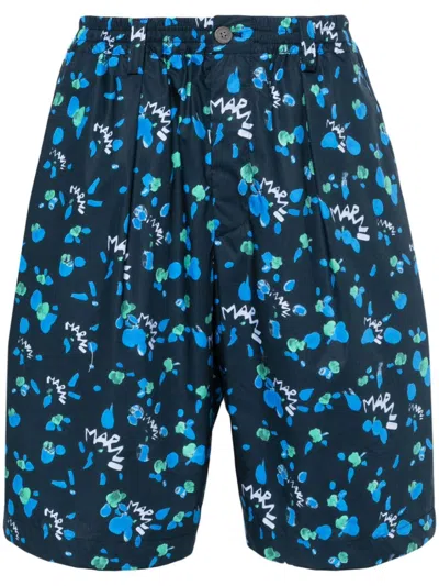 Marni Blue Printed Cotton Shorts With Logo And Abstract Pattern For Men In Navy