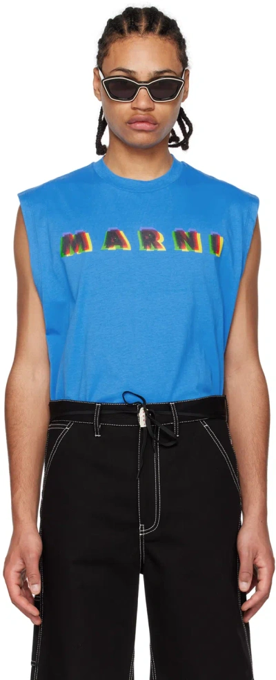 Marni Sleeveless T-shirt With Logo Print In Light Blue