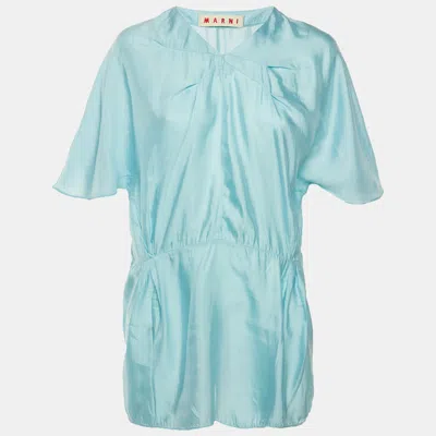 Pre-owned Marni Blue Sateen V-neck Tunic Blouse L