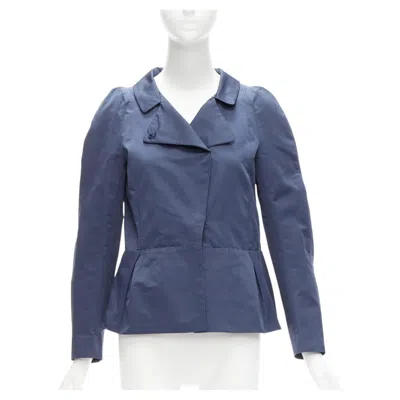 Pre-owned Marni Blue Satin Structural Puff Shoulder Peplum Minimal Cropped Jacket It42 M