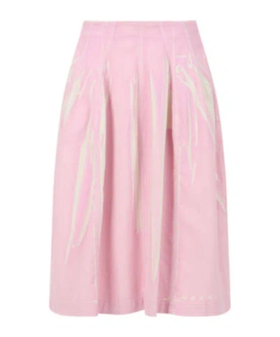 Marni Blue Screen-printed Denim Flared Skirt In Pink
